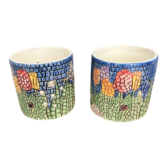 2 Ceramic Candle Jars Tulips flowers 3.5" Wide X 3.5" Tall Mosaic Look - Picture 1 of 8